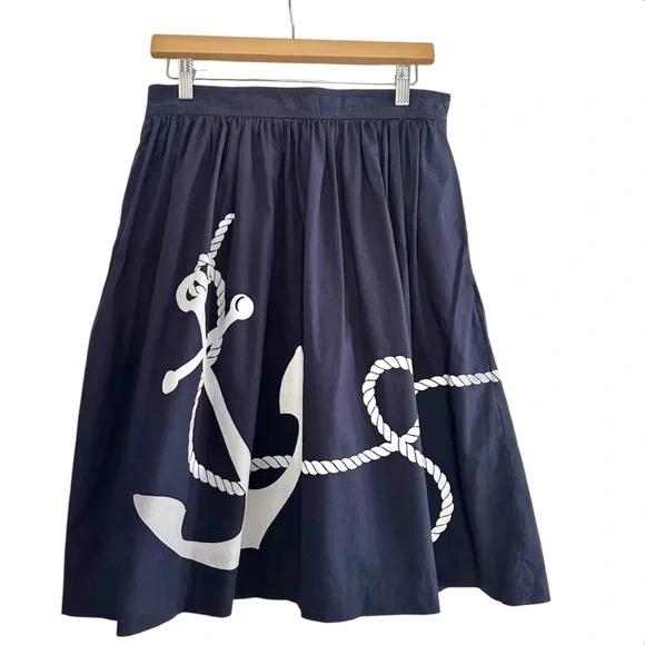 J. Crew Nautical The Cotton Anchor Skirt Navy Blue Midi A-Line Skirt Size 6 - Picture 2 of 8